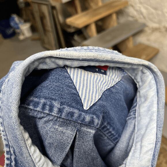 Tommy Hilfiger Blue Denim Long Sleeve Shirt Jean Distressed Faded Vintage 90s - Picture 13 of 14